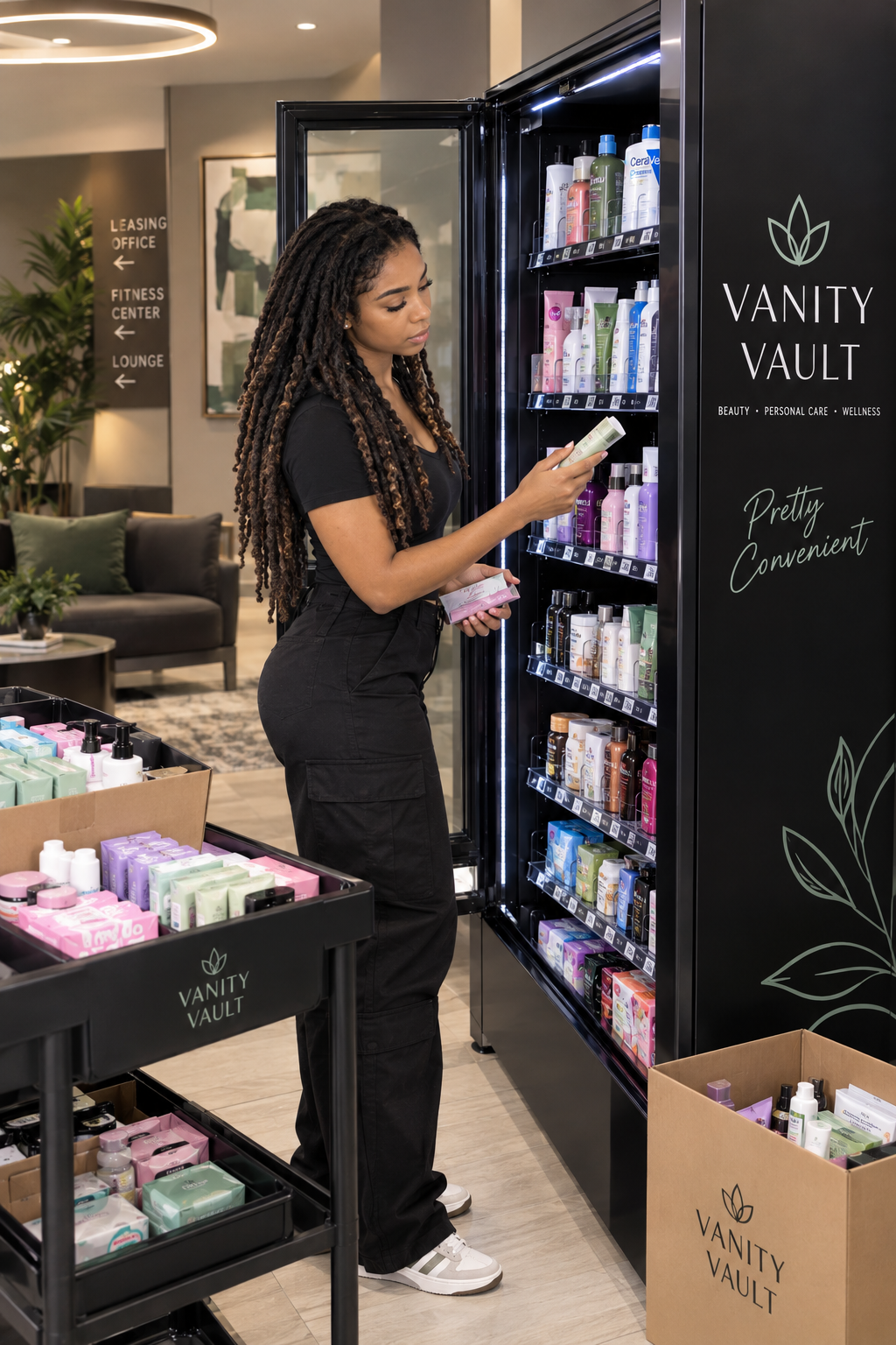 Emani Gonzalez restocking a Vanity Vault machine in a modern lounge